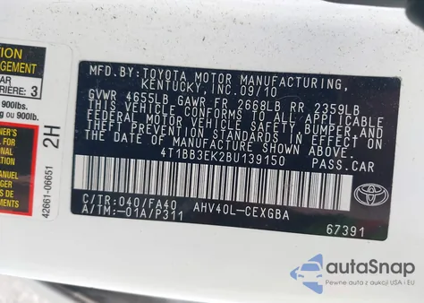 2011 Toyota Camry Hybrid from USA, damaged, VIN 4T1BB3EK2BU139150